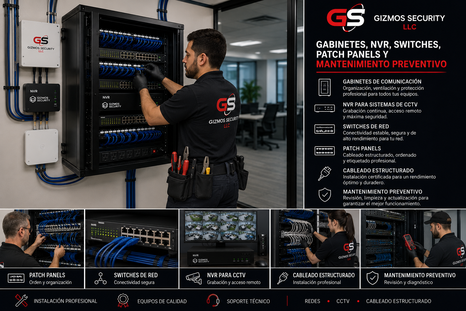 Rack profesional con NVR, red y cableado estructurado