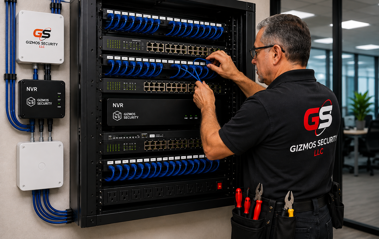 Rack profesional con NVR, red y cableado estructurado